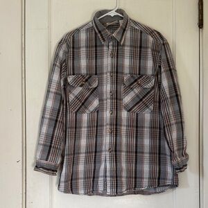 Vintage Men's Casual Gray and Brown Plaid Button-Down Shirt
